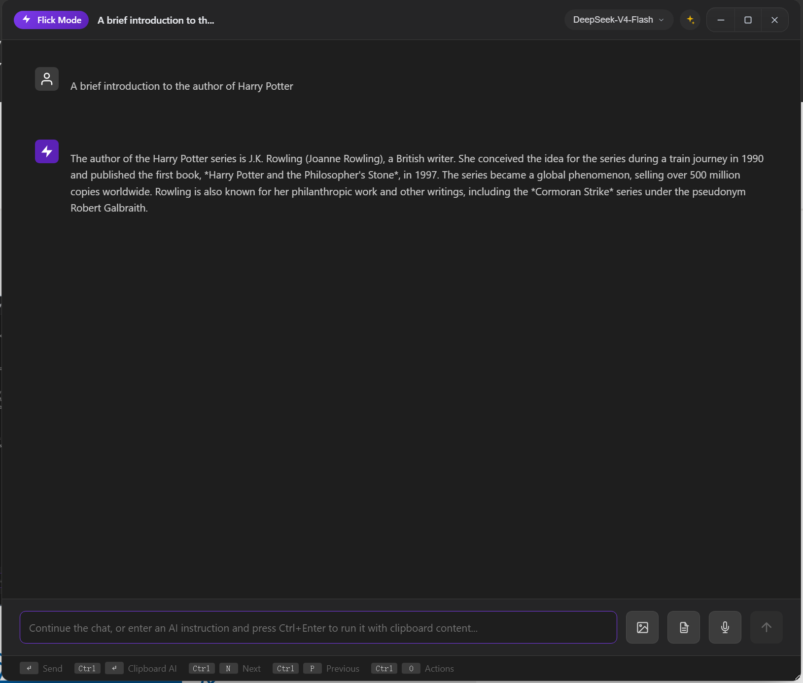 AI conversation example: Flick Mode chat window