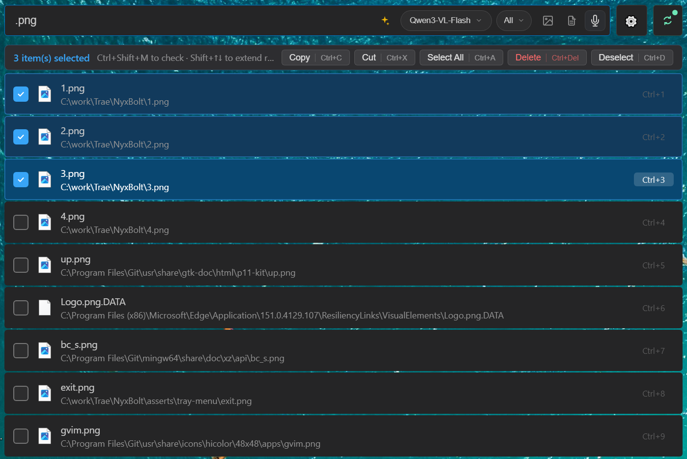Batch Check example: multiple files checked for batch copy, cut and delete