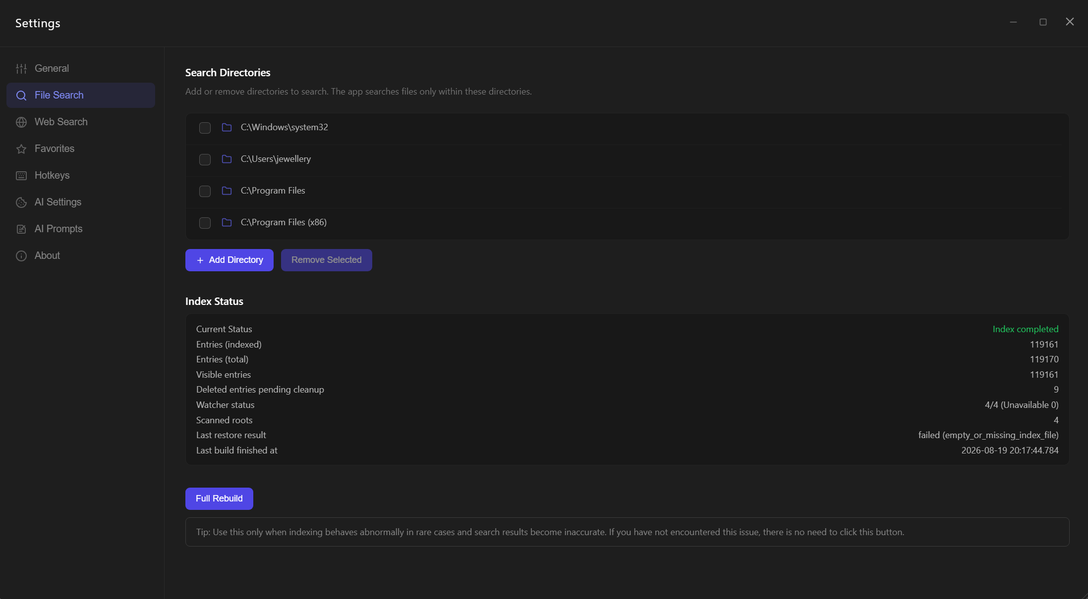 Settings page: file search directories and index status