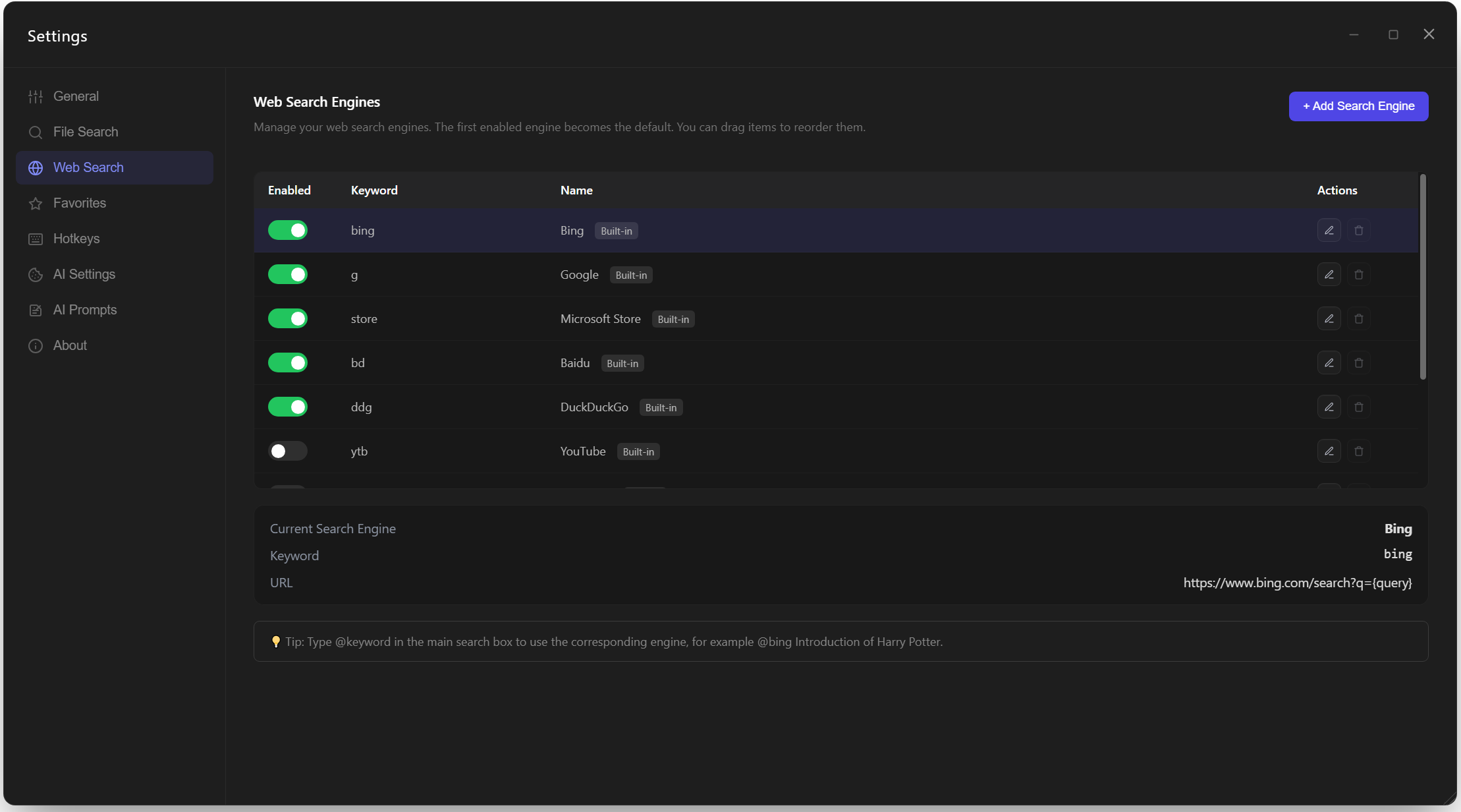 Settings page: web search engine management